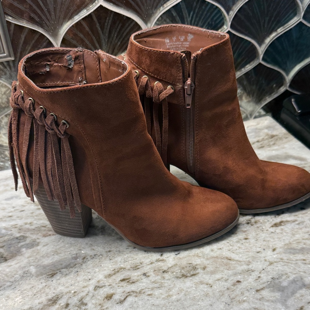 Brown Boho Suede Fringe boots Ankle Booties  western  biker concert 🦋